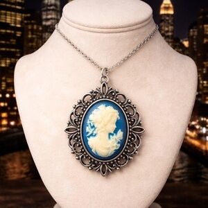 Elegant Silver and Blue Cameo Necklace
